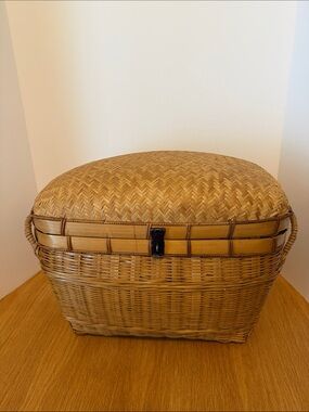 Vintage Asian Herringbone Weave Rattan Bamboo Basket